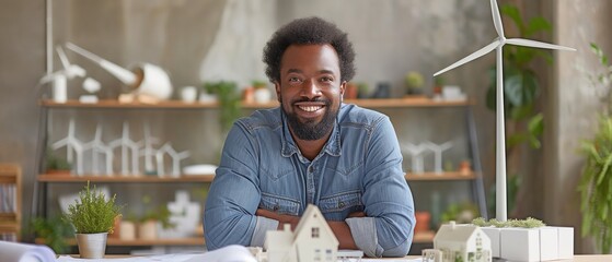 contented man reclining with a blueprint next to a desk model of a wind turbine