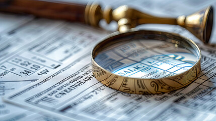Magnifying glass on a financial statement. Close-up. Selective focus.