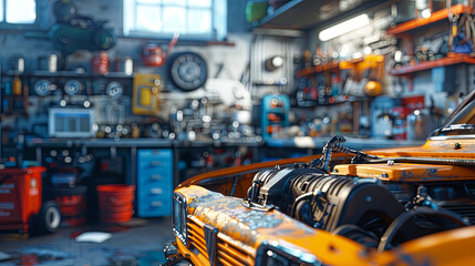 Fototapeta premium Car parts and tools in auto repair shop. Selective focus.