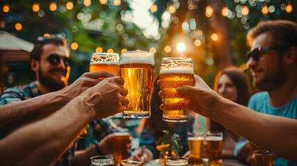 Friendship concept, Group of happy friends having beer party in summer day. 