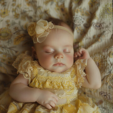 A baby girl with light brown hair, wearing a yellow lace dress and headband sleeping on the bed, with light gold tones, depicting childlike innocence with soft lighting.