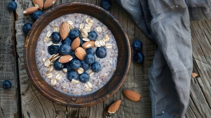 A healthy oatmeal with blueberries and almonds super-food smoothie bowl.
