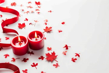 Canada Day Candles with Red Ribbon and Maple Leaves