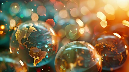 Vivid and colorful image featuring multiple transparent globes with world map detailing and bokeh light effects in the background