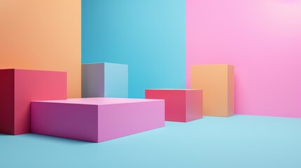 A visual arrangement of 3D cubes and rectangular blocks with a pink, blue, and orange gradient background, evoking a minimalistic and modern feel