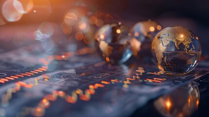 Two illuminated terrestrial globes focus on different continents overlaying a backdrop of digital financial charts and graphs emphasizing global economics