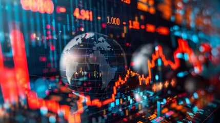 The image shows a digital composite of a globe overlaid on a dynamic financial stock chart with upward and downward trends, symbolizing global economics and trade
