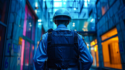 Rear view of a security guard standing in front of a building - Powered by Adobe
