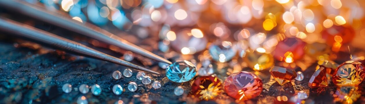 Close-up of colorful gemstones and diamonds with tweezers. Perfect for jewelry, luxury, and gem-themed designs.
