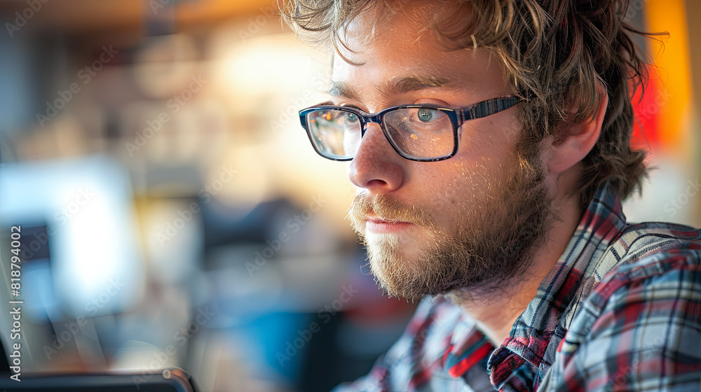 Poster portrait of a handsome young man working in a cafe and using tablet computer.