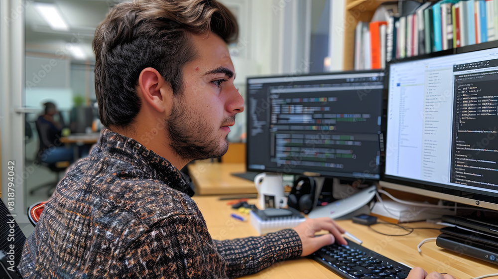 Poster portrait of young software developer working on multiple computer screens in creative office