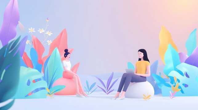 The image shows two stylized characters in a vibrant, digital landscape with a surreal touch, accentuated by oversized, colorful plant-like structures
