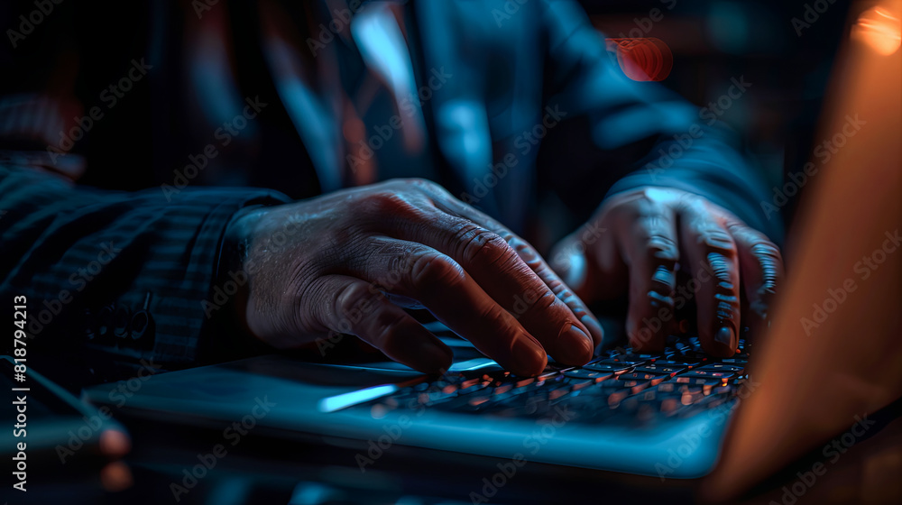 Aufkleber close up of hacker hands typing on laptop keyboard in dark room.