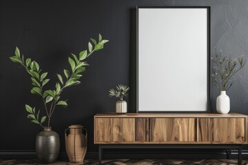 Dark Wall Frame. Black Poster Frame Design on Empty Wall in Living Room Interior Space