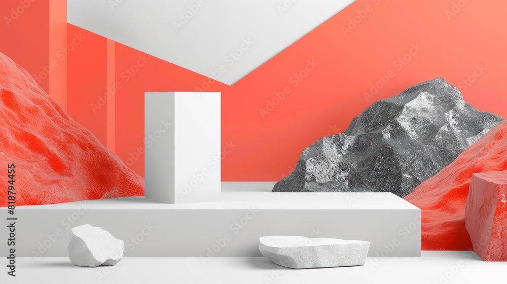 Poster an artistic composition featuring a podium with abstract red and gray shapes, suitable for product d