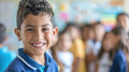 Boy Student at School. Happy Hispanic Pupil in Elementary Class