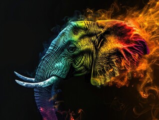 Colorful Head. Abstract Multicolored Profile Portrait of an Elephant's Head in Flames