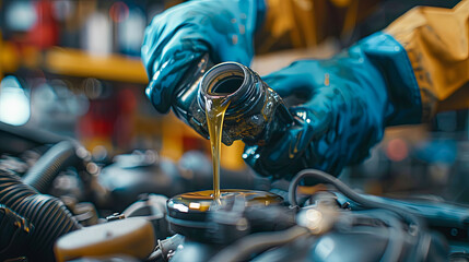 Fototapeta premium Auto mechanic pouring oil on a car engine in auto repair shop.