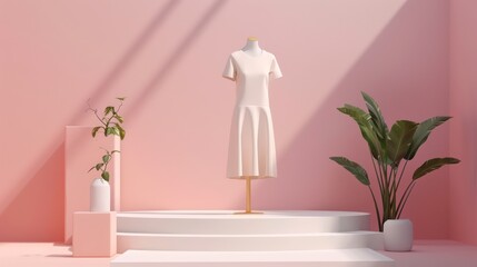 Mannequin on a podium with plants in a minimalistic style pink room, creating a sense of modern fashion
