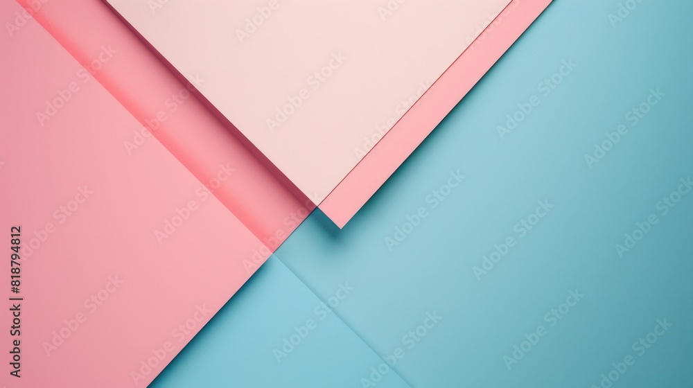 Poster three sheets of paper in pink and blue hues overlap each other, creating an abstract, minimalist des