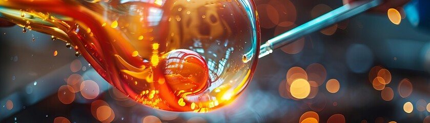 Close-up of molten glass being shaped, glowing with vibrant colors against a bokeh background in a glassblowing workshop.