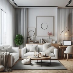A living Room with a mockup poster empty white and with white furniture and a table art attractive harmony card design attractive.