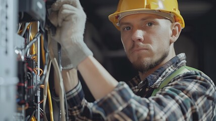 An electrician in overalls performs electrical repairs in a house. Services for the repair of electrical appliances and wiring in residential premises.