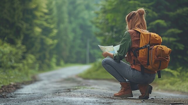 Woman squatting on a forest's dirt path, studying a map