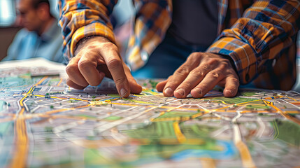 Close up shot of two men working on a map in a city