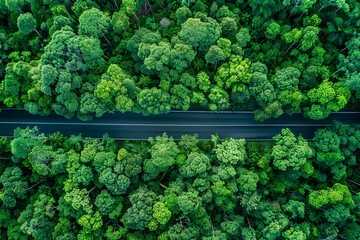 Aerial view of green forest and black asphalt road, top view road through forest, road trip, drone aerial view.