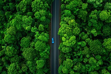 Aerial view of green forest and black asphalt road, top view road through forest, road trip, drone aerial view.