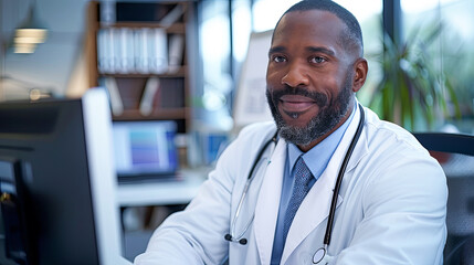 Obraz premium Portrait of smiling African-American doctor sitting at desk in office