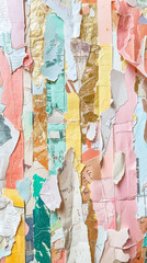 Fashionable background with a collage of torn paper from magazines, variety of patterns. Pastel colours. Generative AI