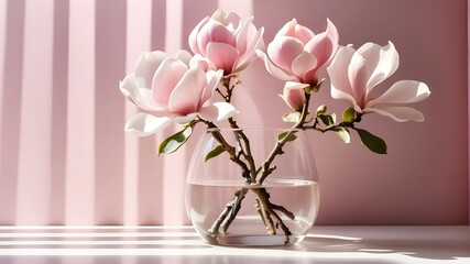 Lovely magnolia bloom in a transparent glass vase, standing in the sunlight on a pastel pink wall next to a white table