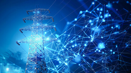 Digital Connectivity Electric pole High voltage pylons against digitally generated image of network over blue background