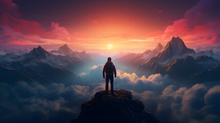 A person standing on top of a mountain at sunset. Generative AI.