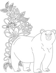 Bear and A Floral Vine Coloring Page. Printable Coloring Worksheet for Adults and Kids. Educational Resources for School and Preschool.