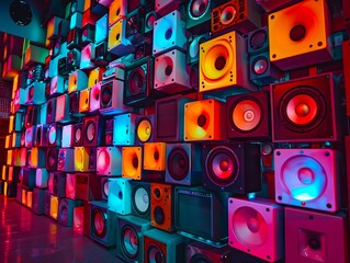 A wall of speakers with different colors.