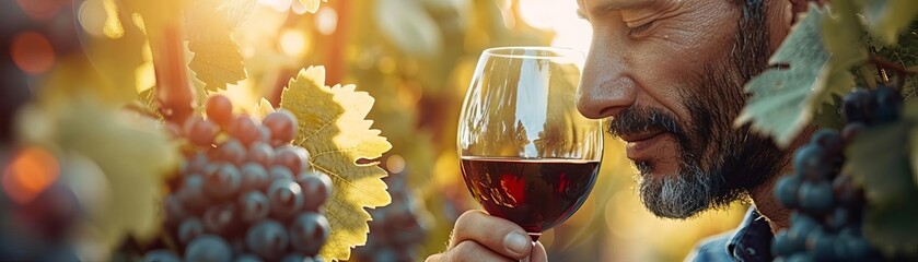 Man enjoying a glass of red wine in vineyard, surrounded by grapes and greenery, capturing the essence of winemaking and relaxation.