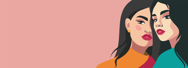 Vector flat horizontal banner for women's day on pink background with place for text, beautiful women standing side by side. Concept of the movement for gender equality and women's empowerment