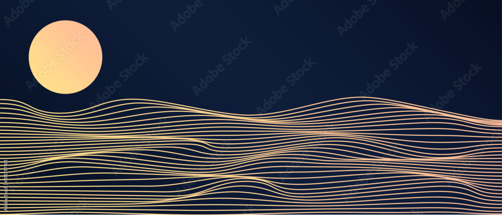 Poster abstract art mountain landscape with glowing lines waves pattern and sun isolated on dark blue backg