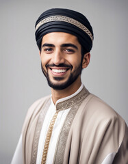 a young Arabic man in traditional clothes with a sincere smile, isolated white background
