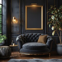 Poster Frame Mockup in dark and gold tone room with plant and couch