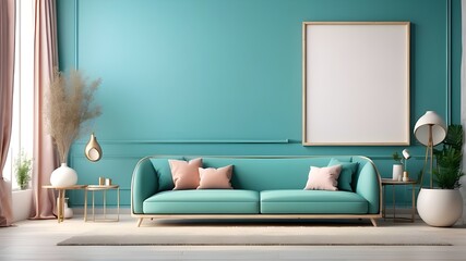 imaginative interior design. Large blank frame in abstract turquoise with furniture decor on it. A...