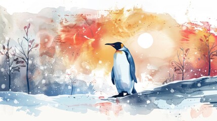 Fototapeta premium A penguin in nature in watercolor art style