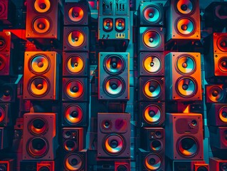 A wall of speakers in a room.