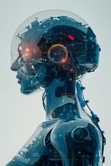 Side profile of a futuristic robot with intricate circuitry and glowing lights, showcasing advanced technology and artificial intelligence.