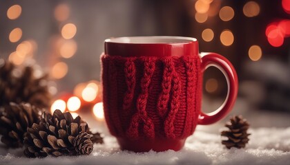 A cozy winter scene: red mug on wooden table, knitted sweater, pine cones, soft-focus lights in background.