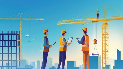 Three construction workers in hard hats are engaged in work; one observes, one uses a tablet, and one communicates via radio amidst a backdrop of cranes and a rising structure against a clear blue sk