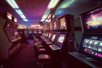 Dark purple retro room with slot machines. Big win and excitement. Job ID: 217dab2e-aae4-4f40-8659-878b99ccd05b